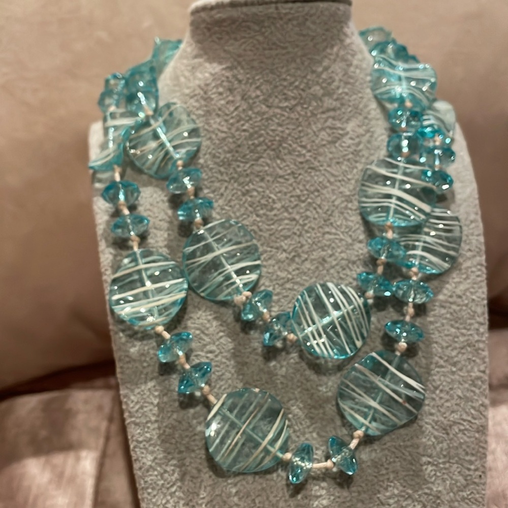 Sea Blue and white striped Lucite Necklace 30”